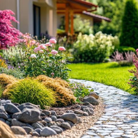 Ein grüner Garten mit einem Steinweg entlang an bunt Blühenden Pflanzen, im Hintergrund ist ein Haus und eine Rasenfläche